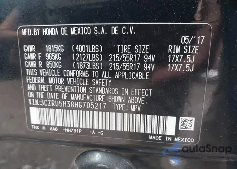 2017 Honda Hr-V Lx from USA, damaged, VIN 3CZRU5H38HG705217